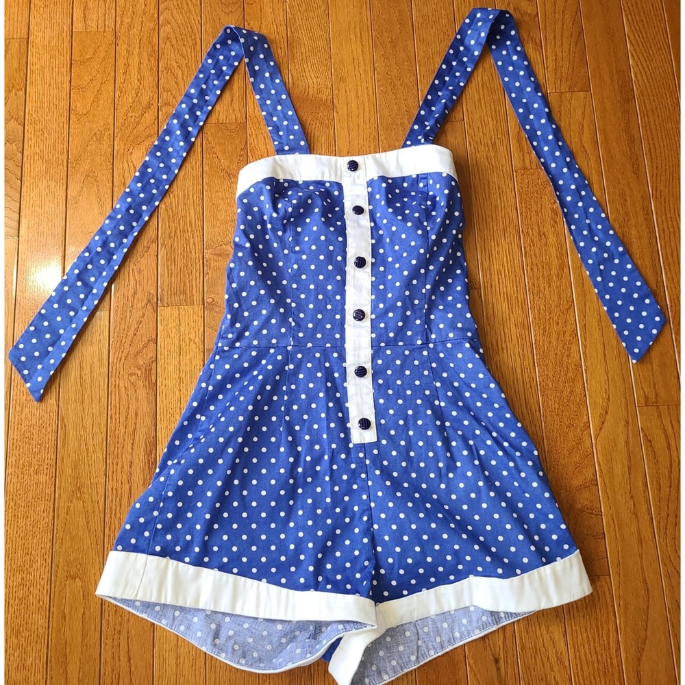 Hearts & Navy Blue White Polka Halter Jumper Retro Sz 6 Pin-up Rockabilly Zip